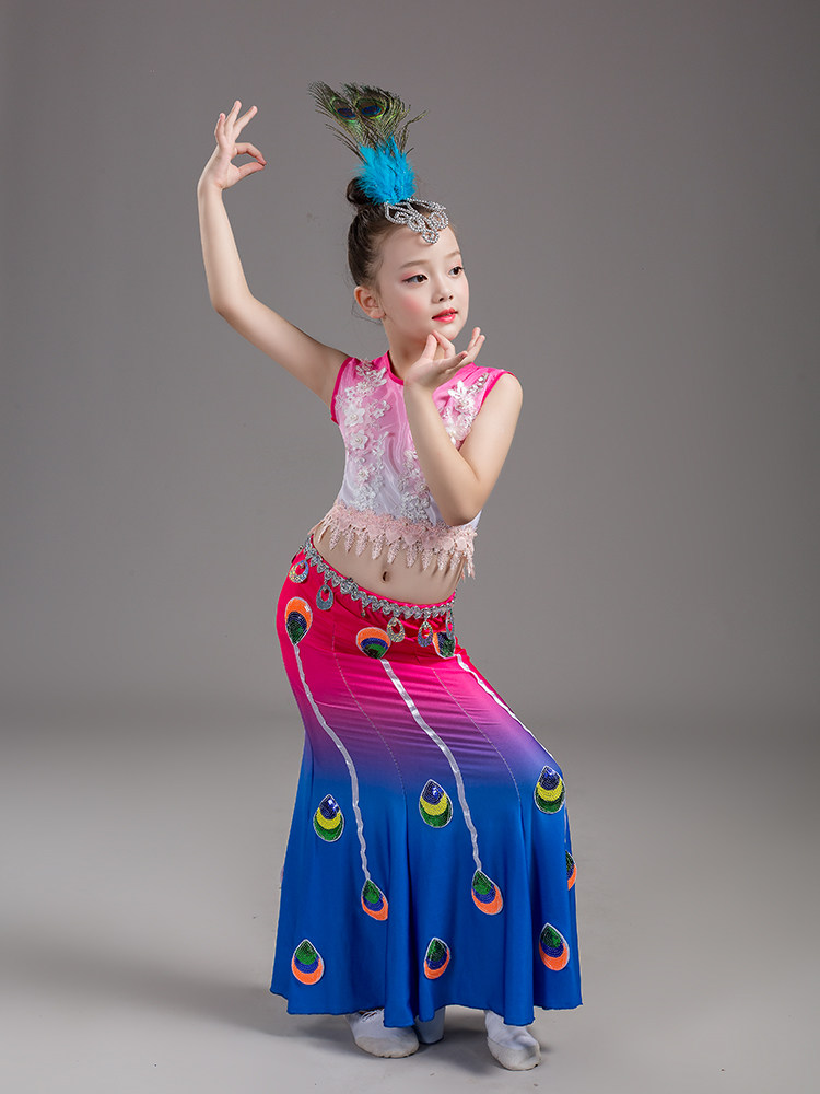 儿童傣族演出服少数民族孔雀孔雀舞舞蹈服装鱼尾成人儿童演出服