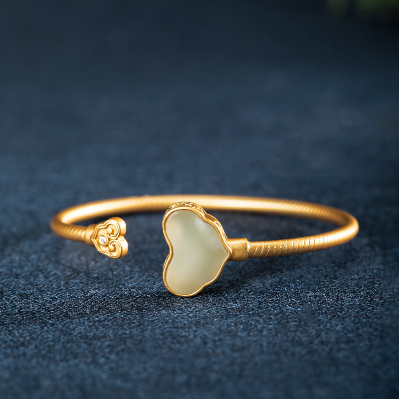 s925纯银镶嵌和田如意手镯古法镀金复古宫廷手镯