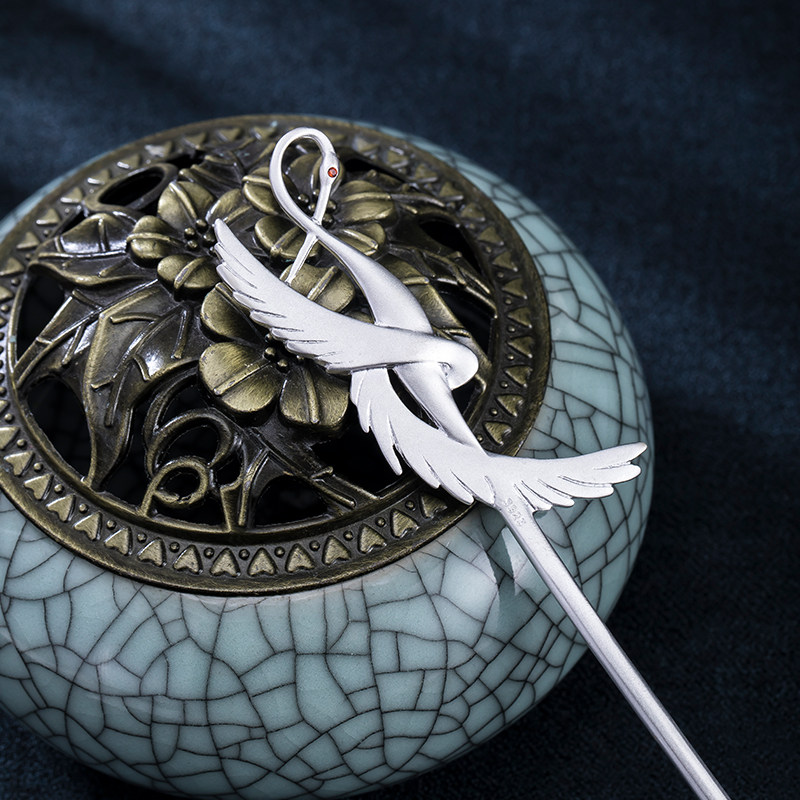 三千鸦杀同款仙鹤发簪男女纯银饰品古风盘发汉服发饰