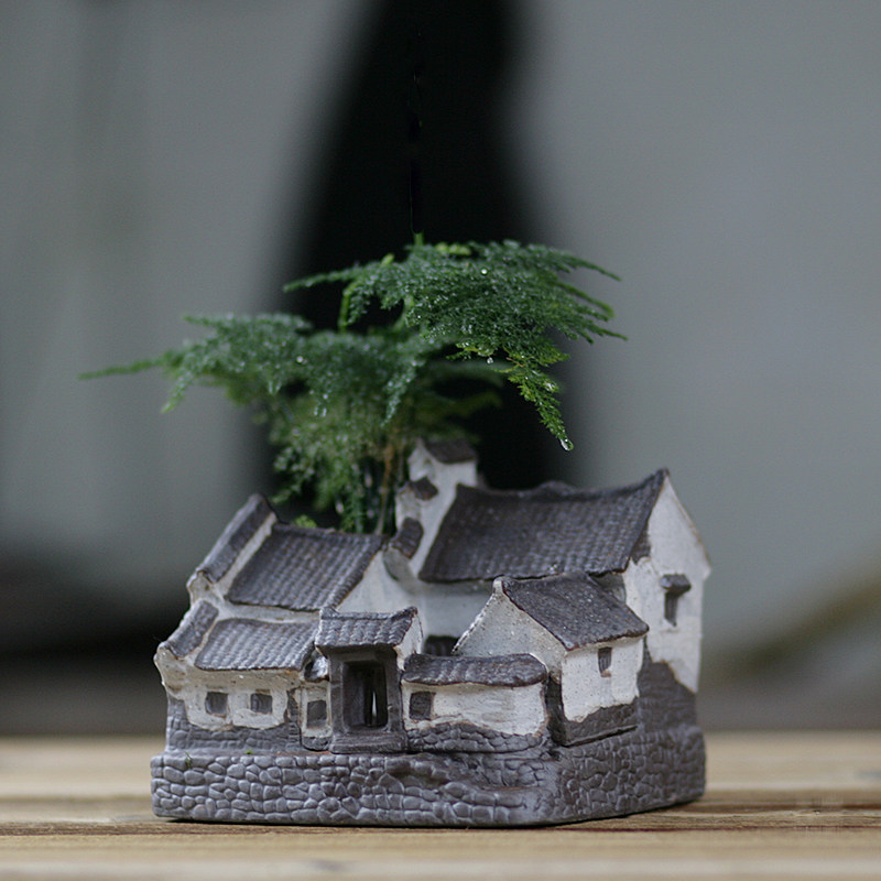 创意陶瓷江南小房子建筑艺术花盆景观造景田园绿植花盆