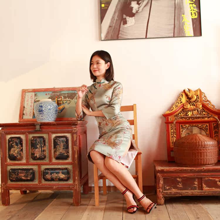 华胥国2017春定制时尚休闲古典双宫真丝压花斜襟中长款旗袍连衣裙