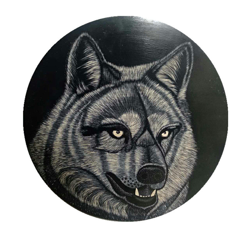 敦煌木板刻画手工雕刻狼图腾头像木版画35cm定制木版画