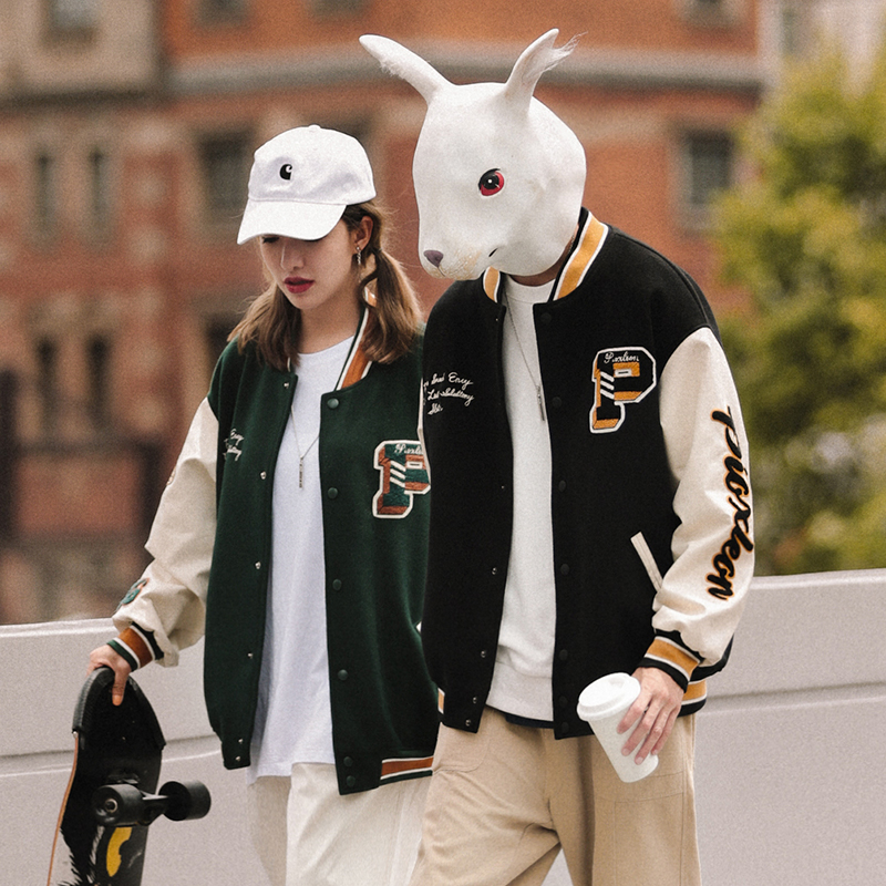 兔先森自制春秋季美式皮革拼接情侣棒球夹克男刺绣宽松棒球服外套
