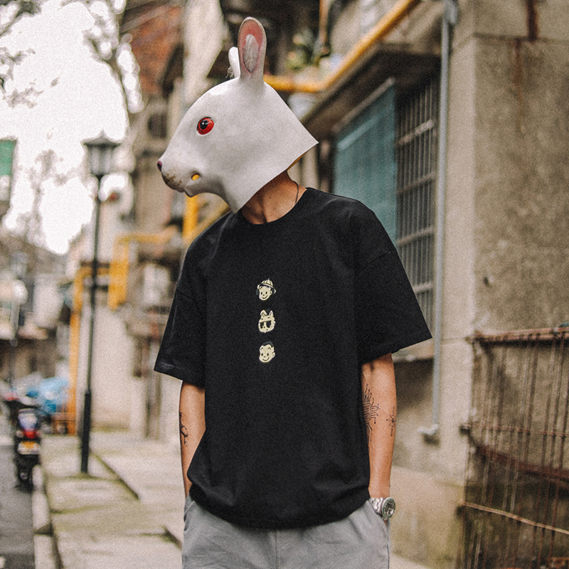 兔先森自制短袖T恤男2022夏季新款潮流印花上衣圆领半截袖体恤潮