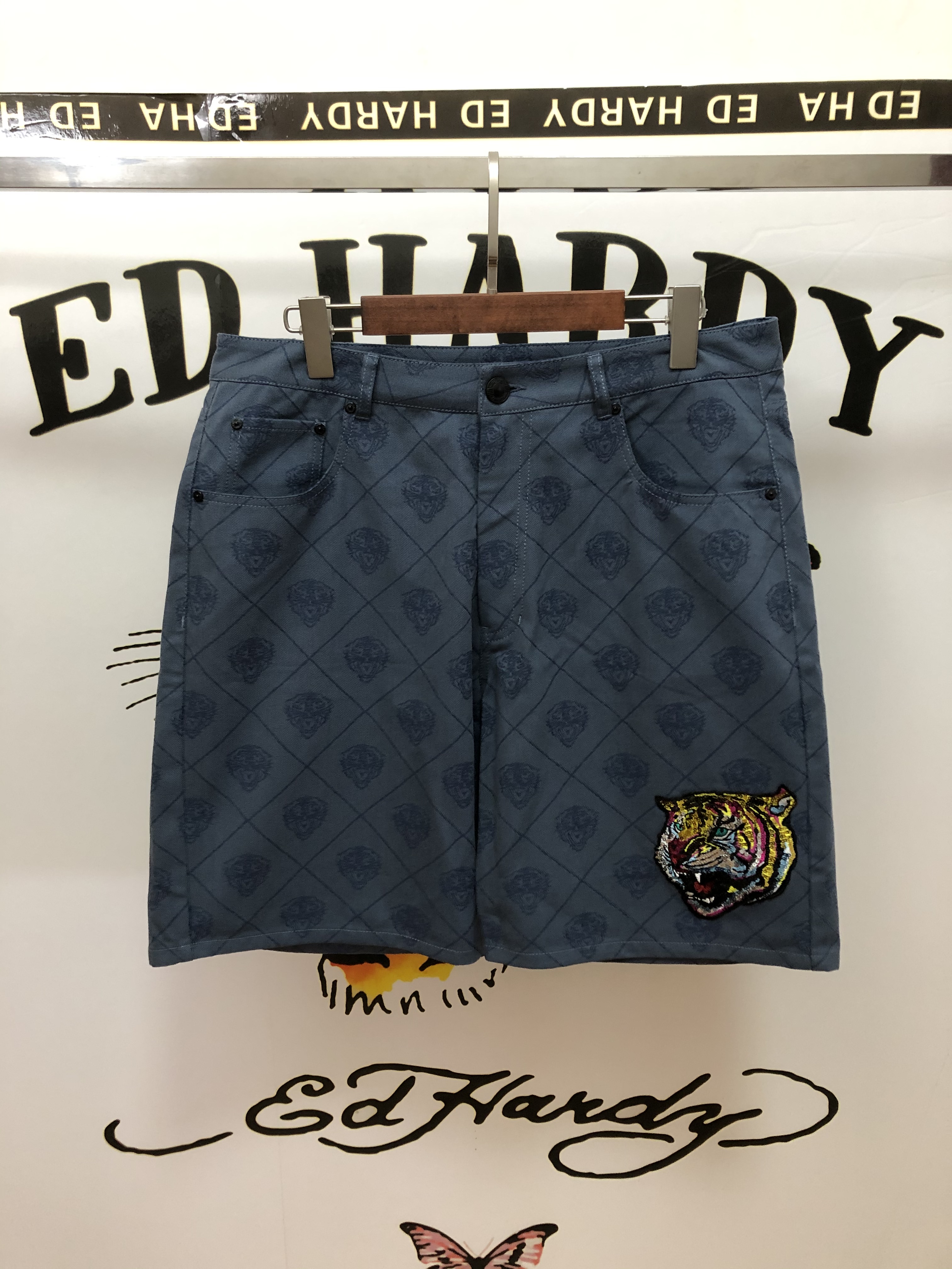 ED埃德哈迪2021潮牌亮片虎头标提花工艺休闲男女同款夏季牛仔短裤