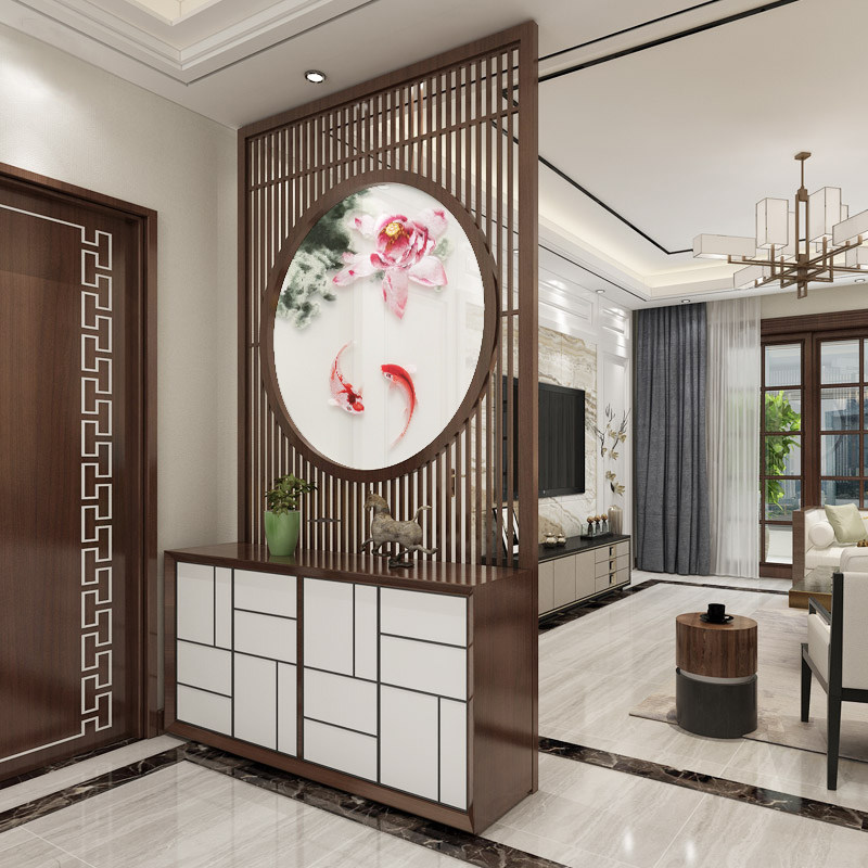 玉兰玄关中式新中式隔断屏风荷花半透明圆形双面苏绣