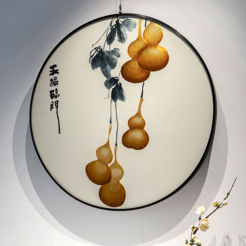 精品五福福临门圆形玄关挂画葫芦苏绣成品书房苏绣