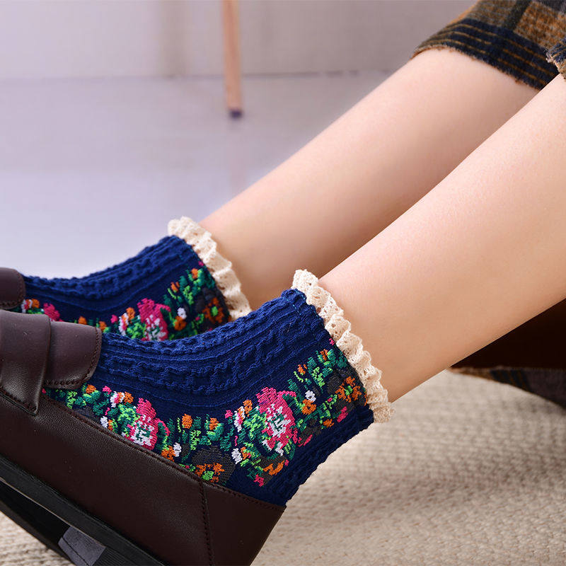 花边民族棉袜日宫廷短袜耳边子女筒袜瑜伽袜子