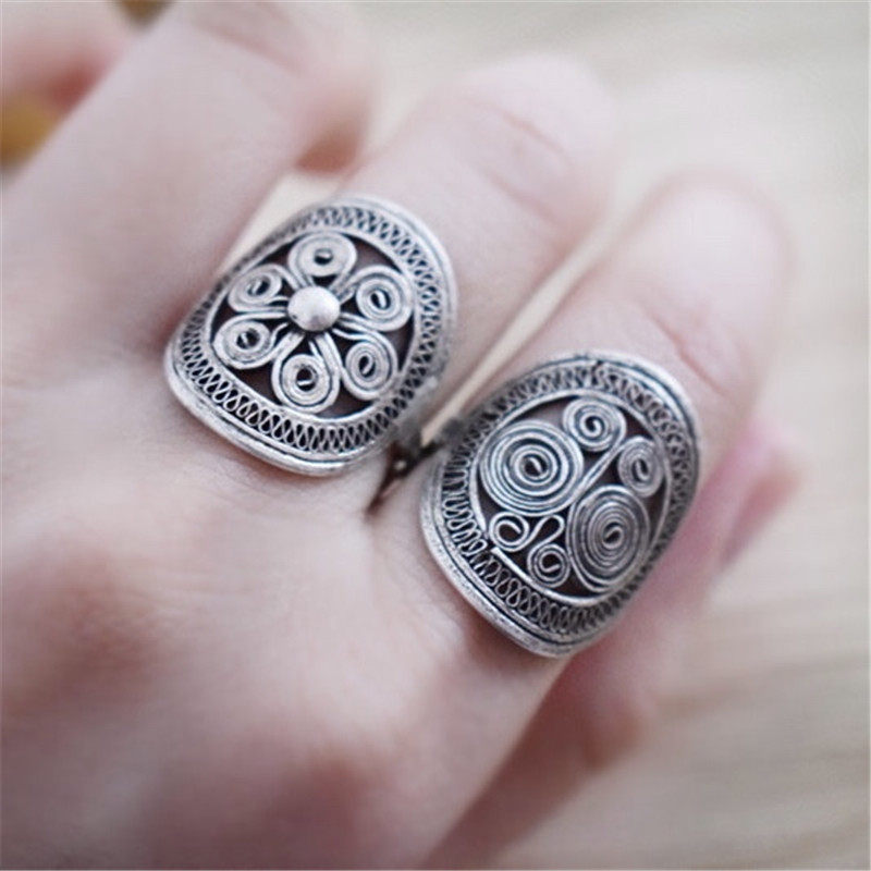 贵州苗银复古民族风手工拉丝铜鼓单层小花蝴蝶戒指