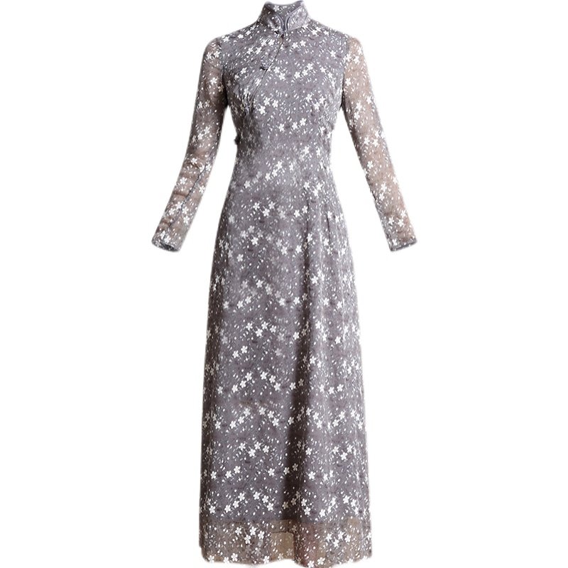 宽松透气灰色雪纺碎花名媛改良旗袍高级御姐连衣裙