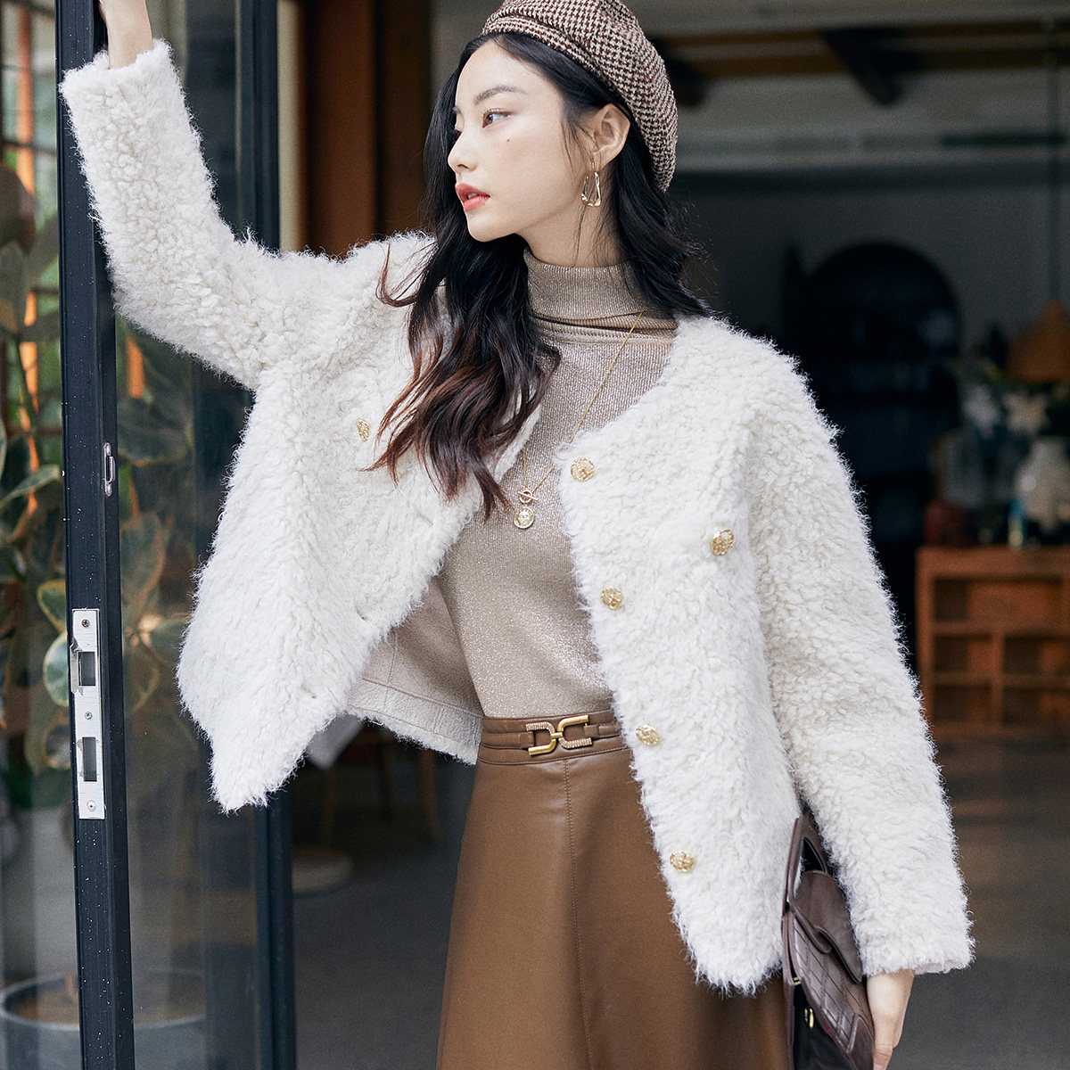 外套复古港风气质小香风羊毛1384棕色加厚短款皮草