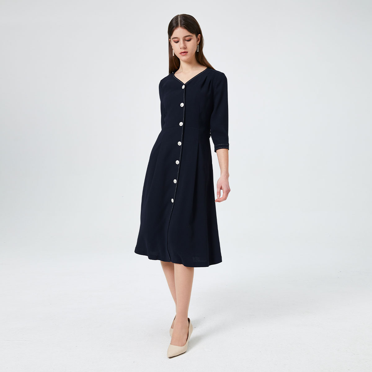 prich夏季气质通勤单排字裙纽扣连衣裙领收五分连衣裙