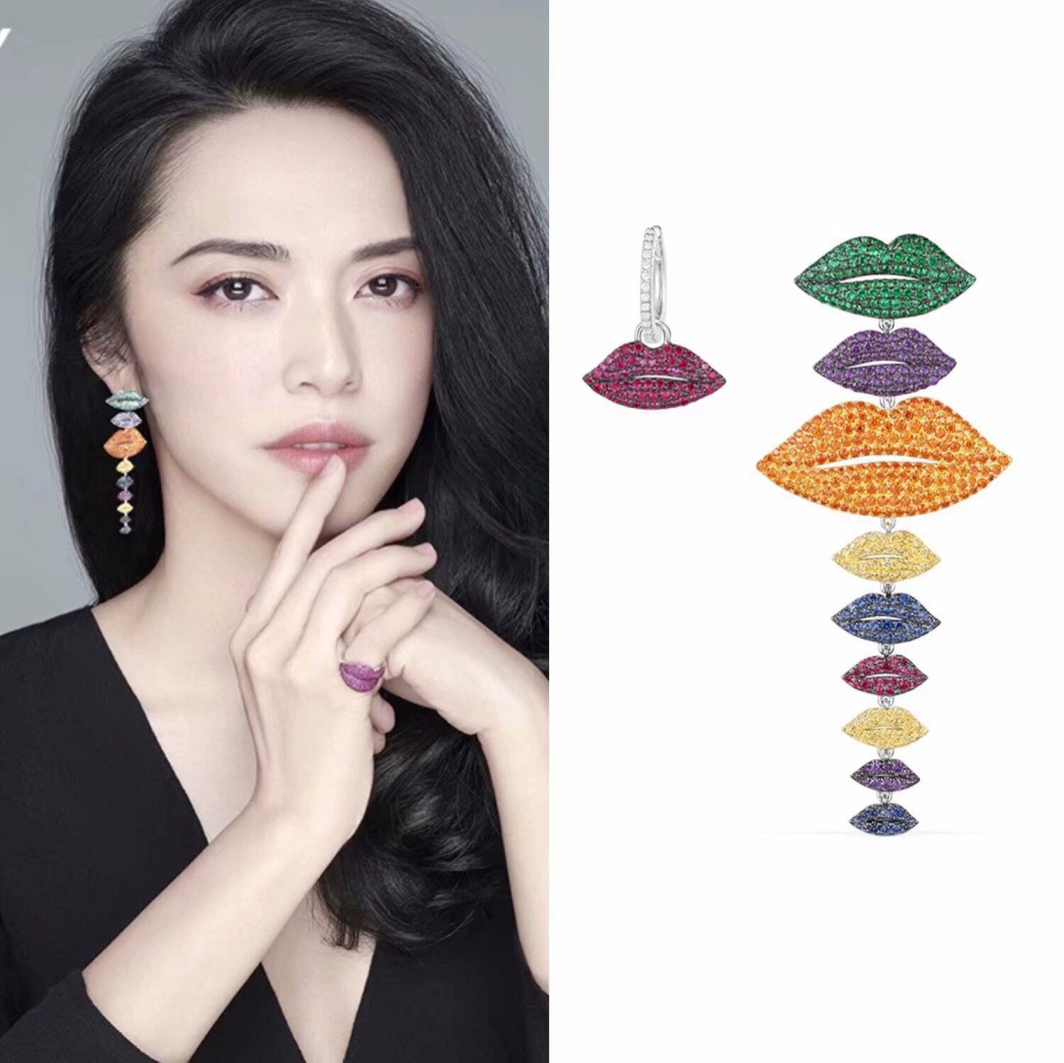 姚晨同s925纯银不对称嘴唇耳环彩色锆石石耳欧美耳环