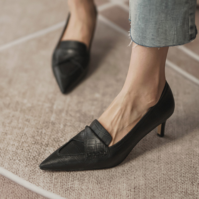 黑色工作鞋女OL通勤尖头复古牛皮中跟真皮浅口单鞋5cm细跟高跟鞋