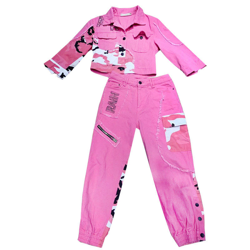 欧洲站春夏季新装2021抖音同款迷彩粉色宽松松显牛仔裤