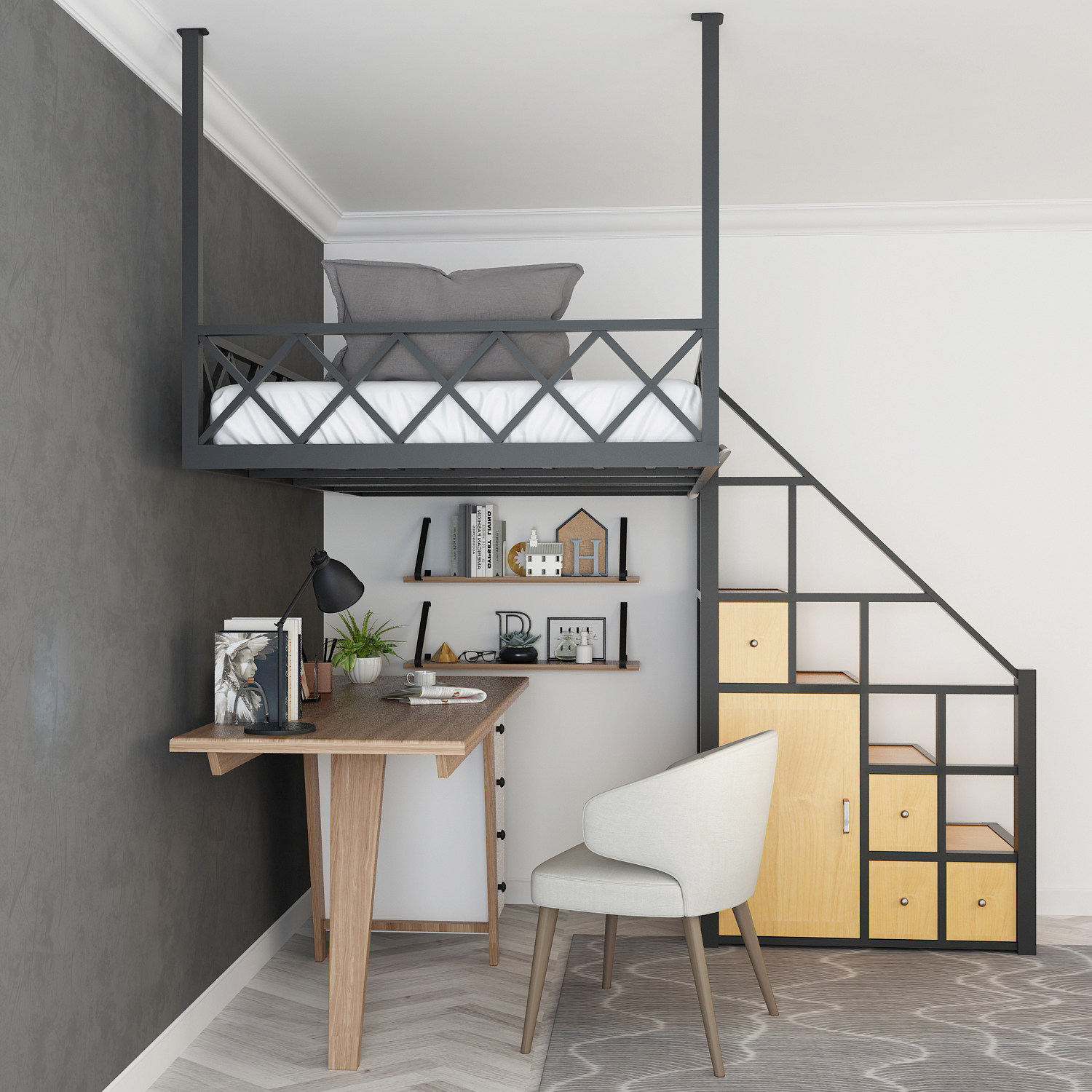 高架床小户型阁楼式床省空间复式二楼床上床下桌单身公寓双人床