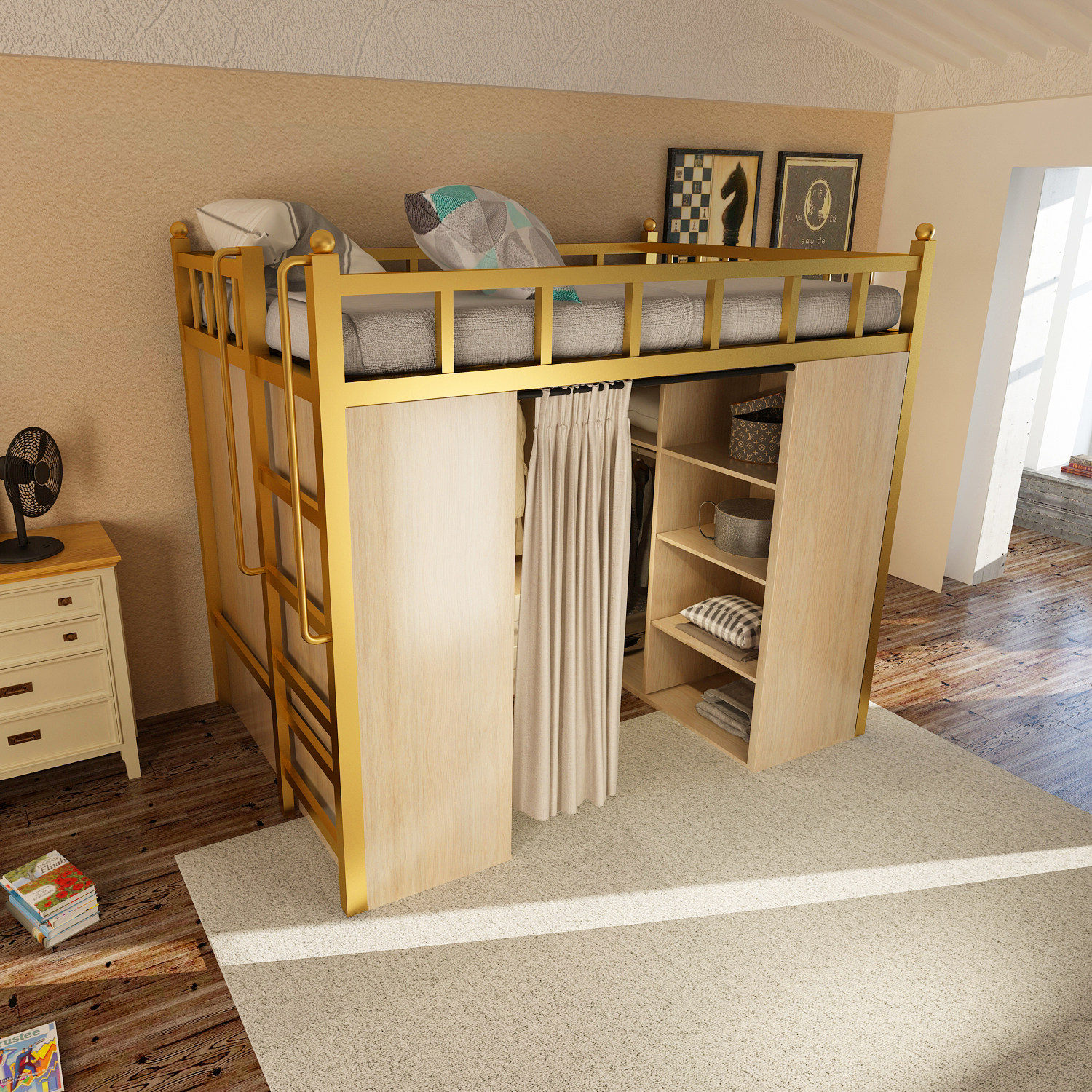 现代简约高架床衣帽间床北欧高低床阁楼式床复式二楼床多功能上床