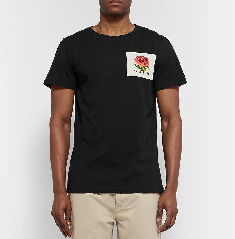 英式玫瑰刺绣重工磨破做旧圆领长绒棉短袖T恤男