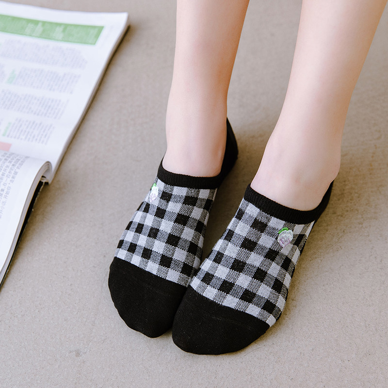 足她5双方格子棉夏季学生小白鞋隐形袜女日短袜船袜