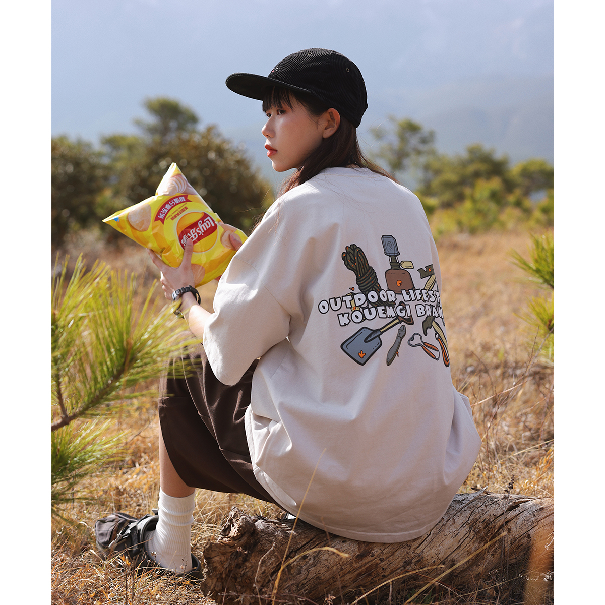 KOUEMGI空味日系工具印花纯棉260g重磅短袖T恤男夏季百搭宽松体恤