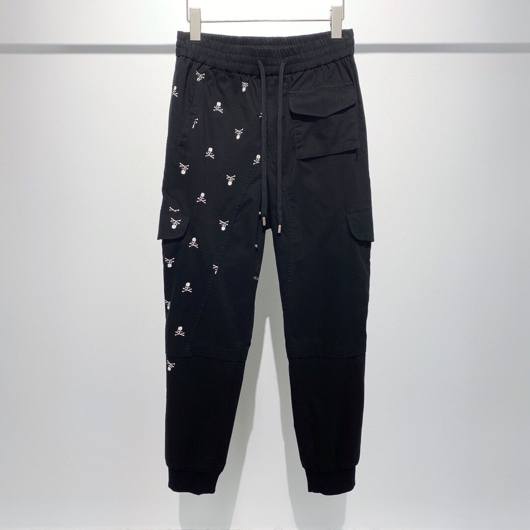 21春夏新品MMJ薄半边骷髅头印花黑色男休闲裤修身小脚运动长卫裤