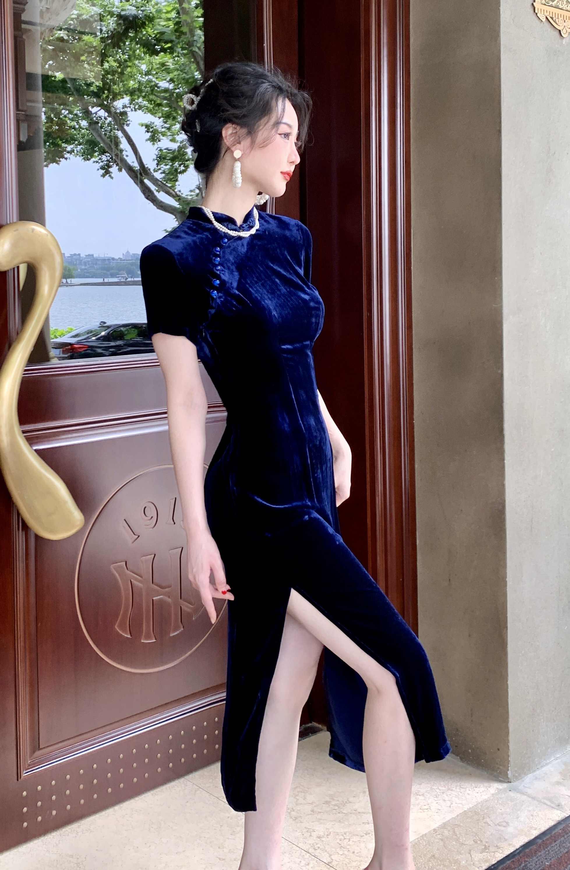 rosefang丝绒真丝蓝色藏蓝姆米复古中式新中式国风旗袍