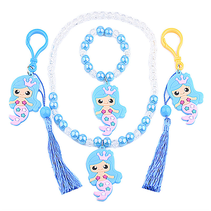 人鱼公主儿童项链套装水晶手链软胶珍珠流梳钥匙扣书包挂件项链