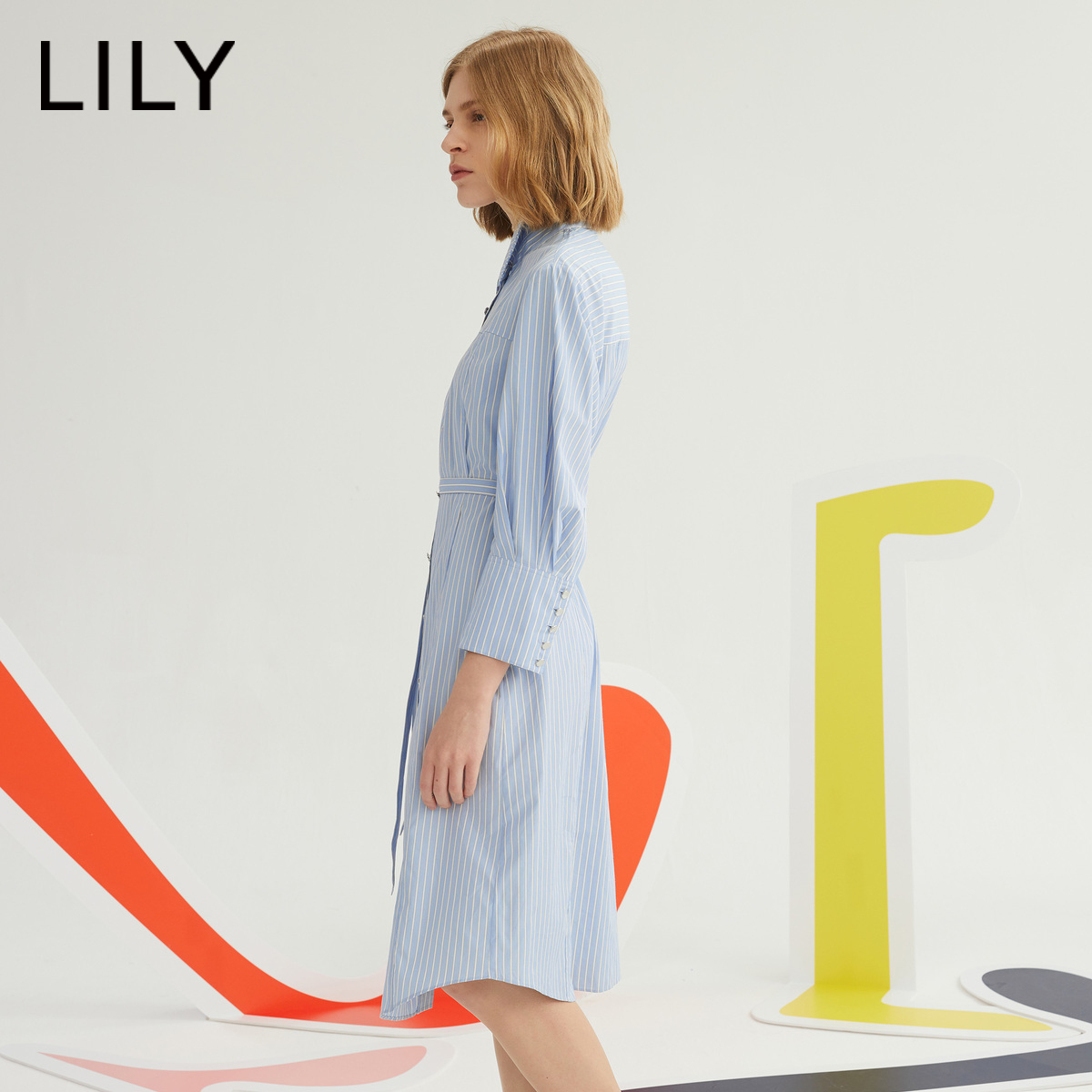 lily2020秋季新款女装系带收腰显瘦条纹衬衫连衣裙连衣裙