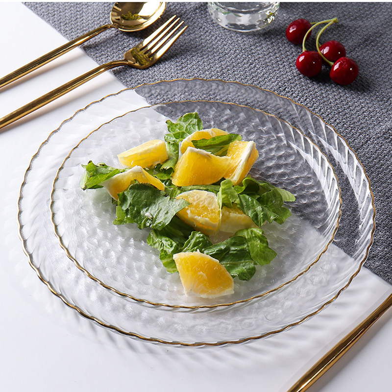 金边圆形玻璃盘西餐盘冷盘灰色盘子点心甜品盘