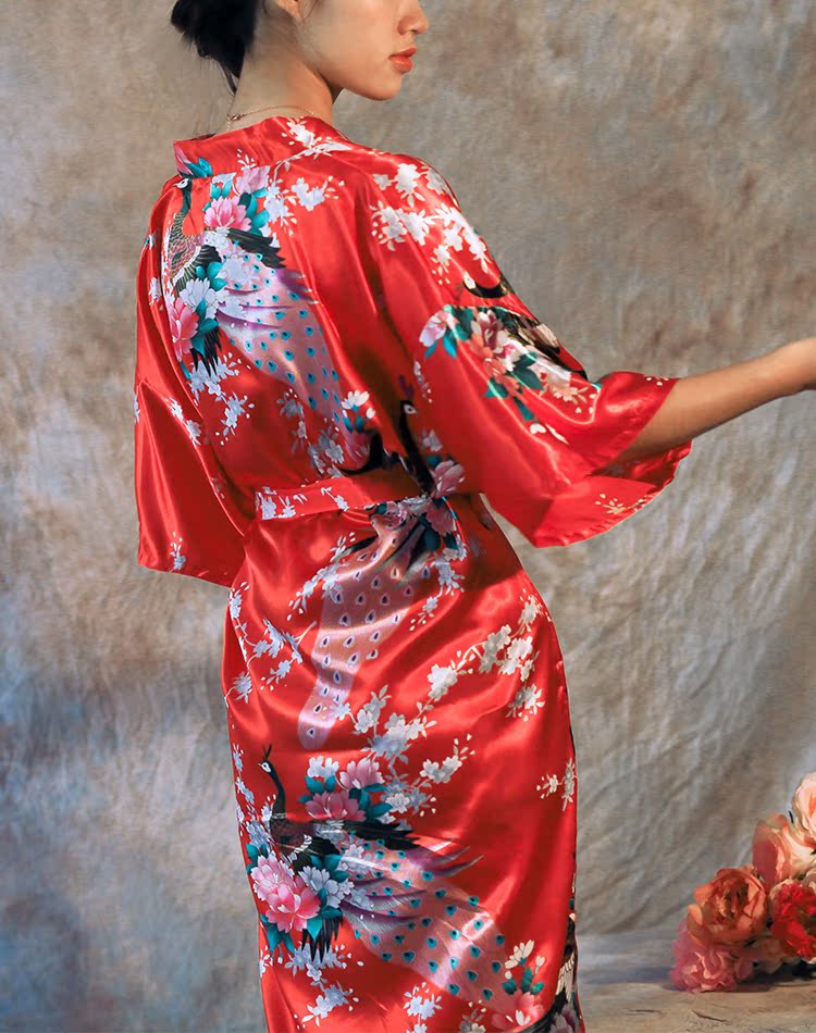 孔雀,婚礼睡袍新娘晨袍丝绸印花宽松开衫家居服睡衣