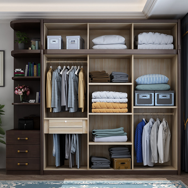 新中式实木衣柜四五六门带柜顶带边柜卧室收纳大衣橱平开家用柜子