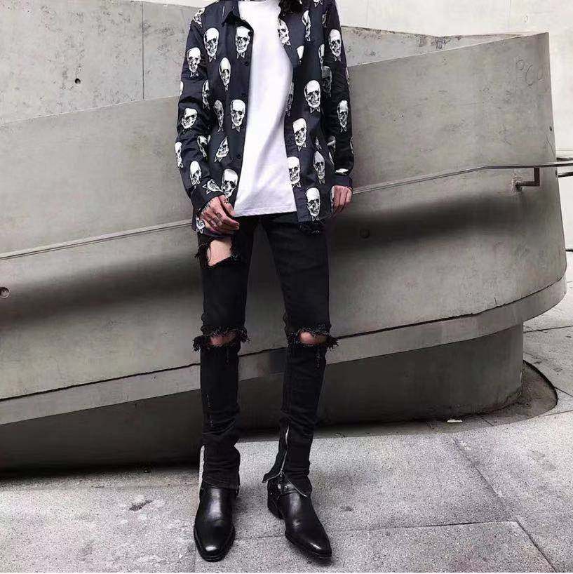slp骷髅印花高街欧美宽松情侣流行外套衬衫衬衫