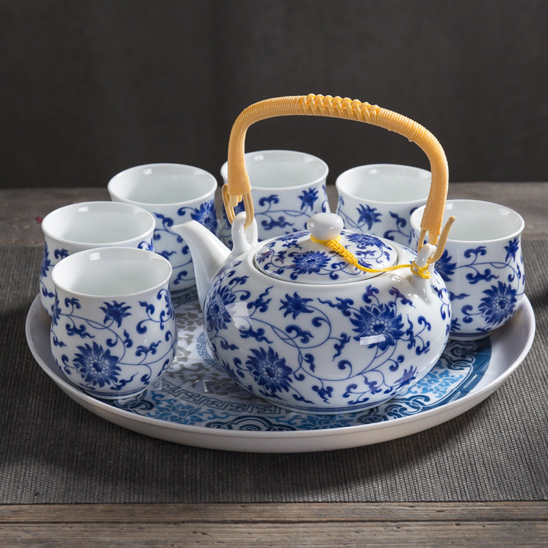 青花瓷功夫茶具套装陶瓷大号茶壶整套茶具提梁壶杯子家用简约托盘