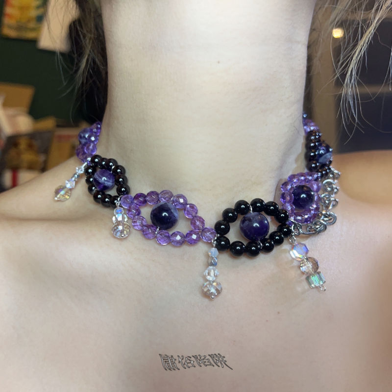 恶魔之眼万圣节串珠紫色水晶项链孤品小众手工戒指