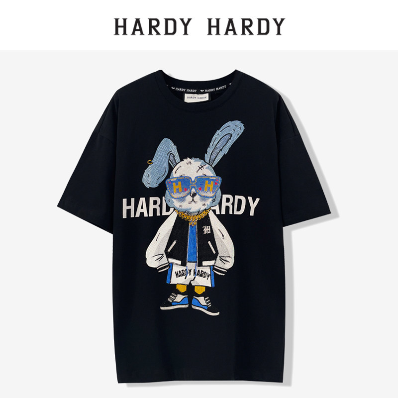 hardyhardy2022新款潮流印花烫钻字母小兔子短袖恤男t恤