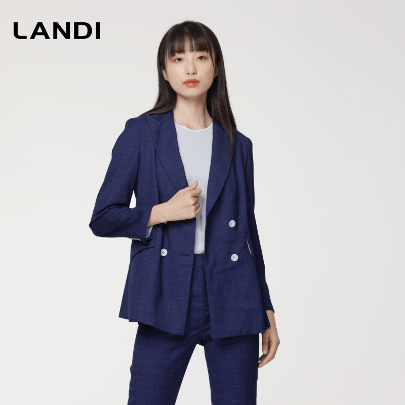 landi蓝地双排格子西装外套春秋套装休闲西服西装