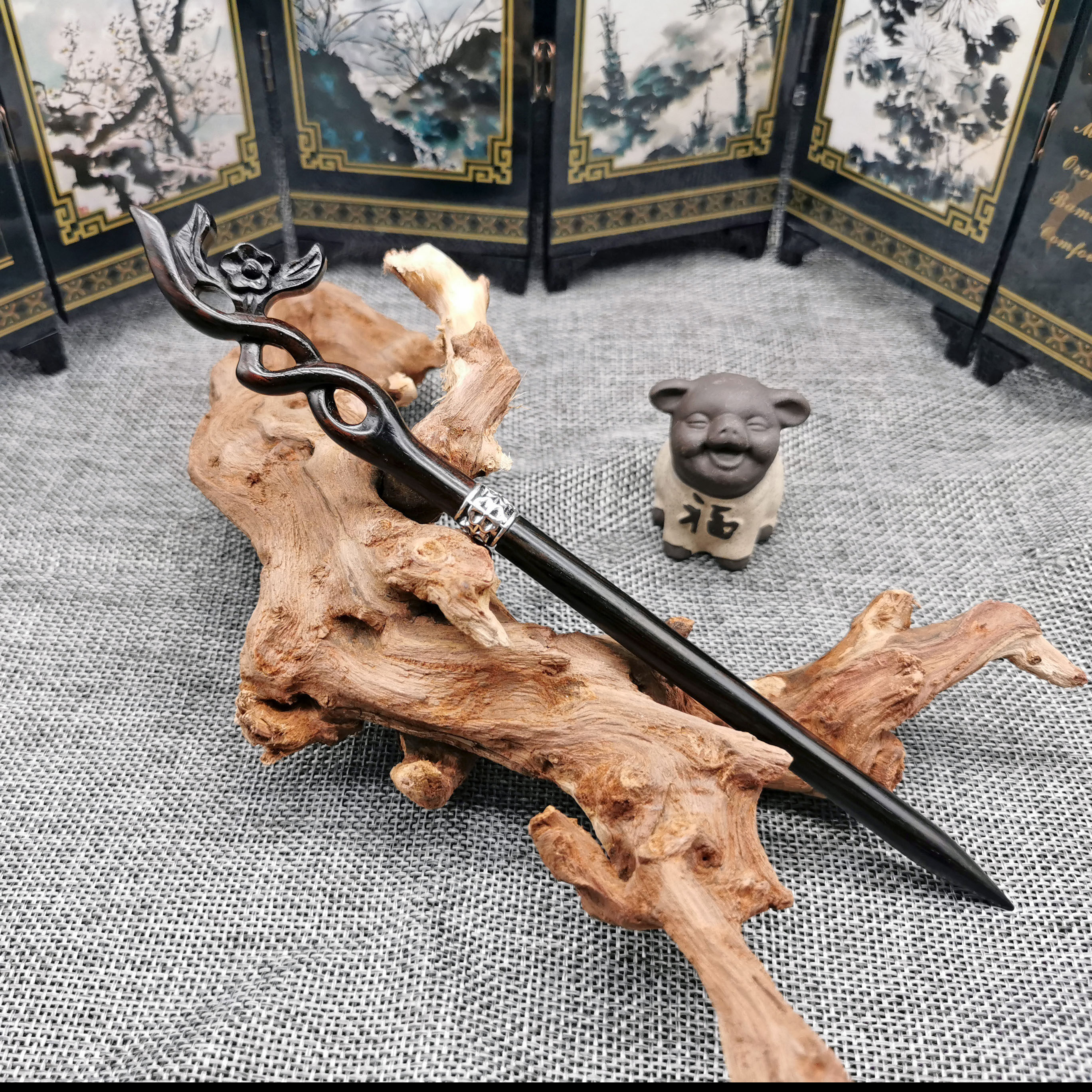 寒梅发黑发钗头饰汉服古典刀簪檀木盘发中剑发饰