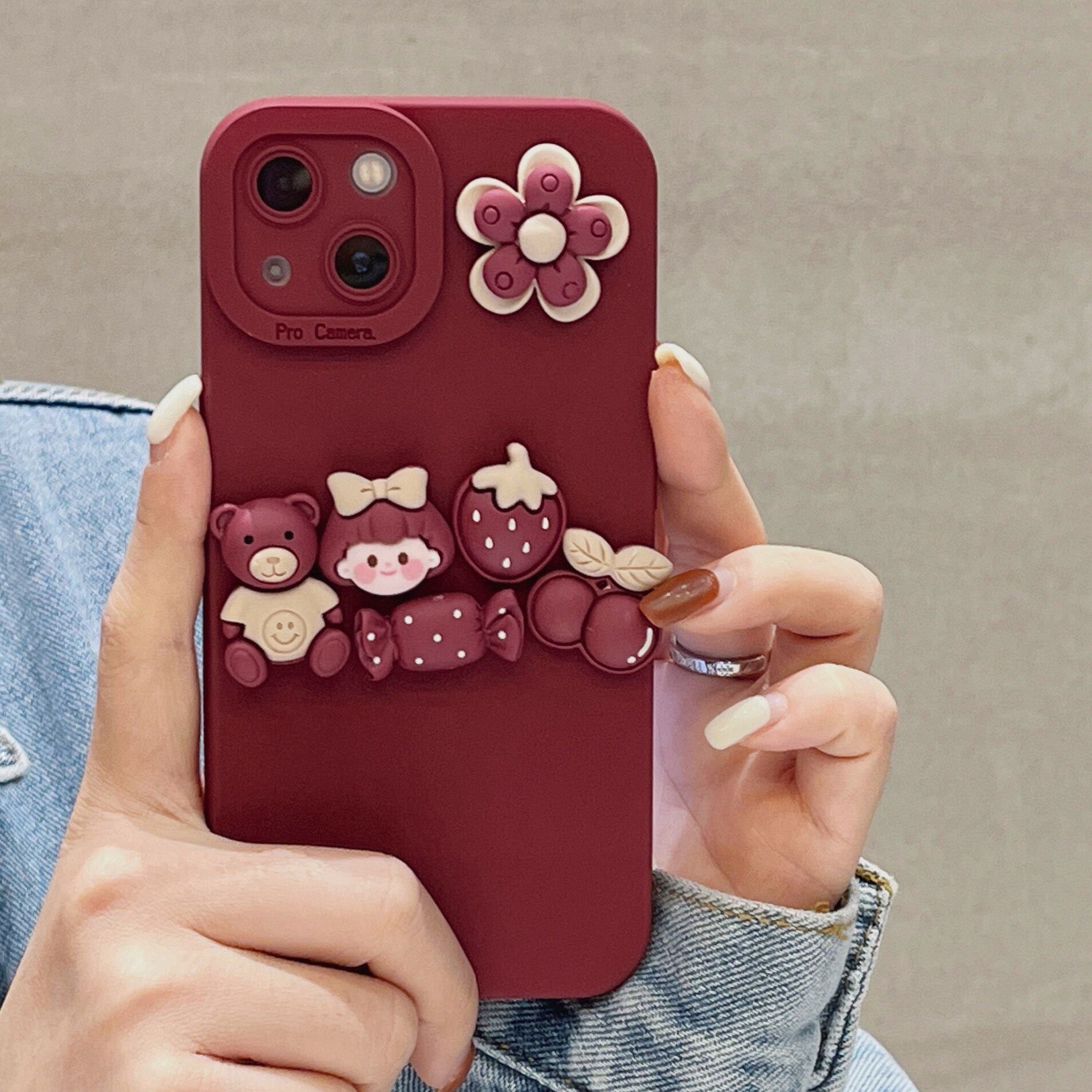 立体红色小熊女孩花朵适用iphone13promax苹果12手机壳钱包