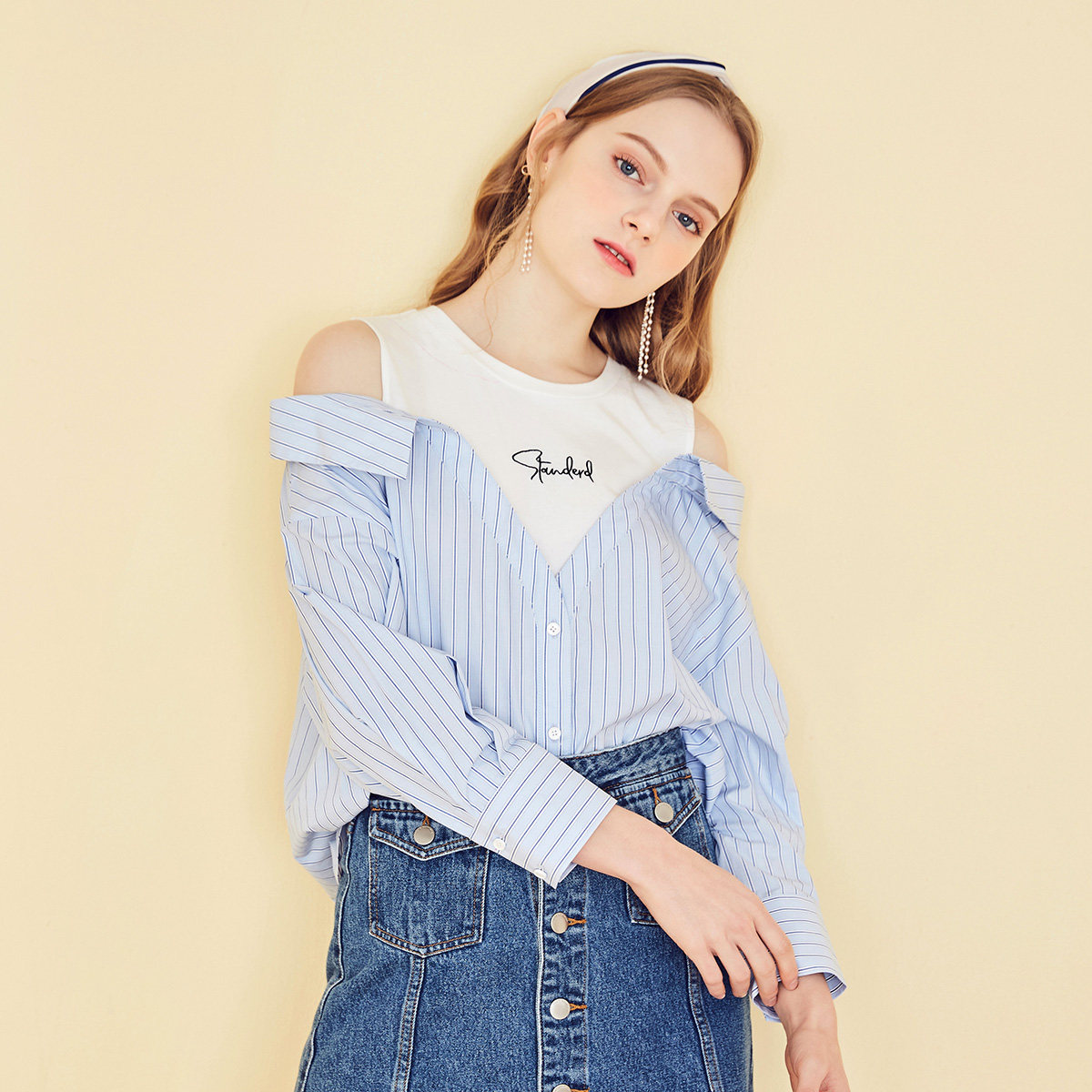 puella拉夏贝尔旗下春假两件衬衫女款七分袖韩版小清新衬衫