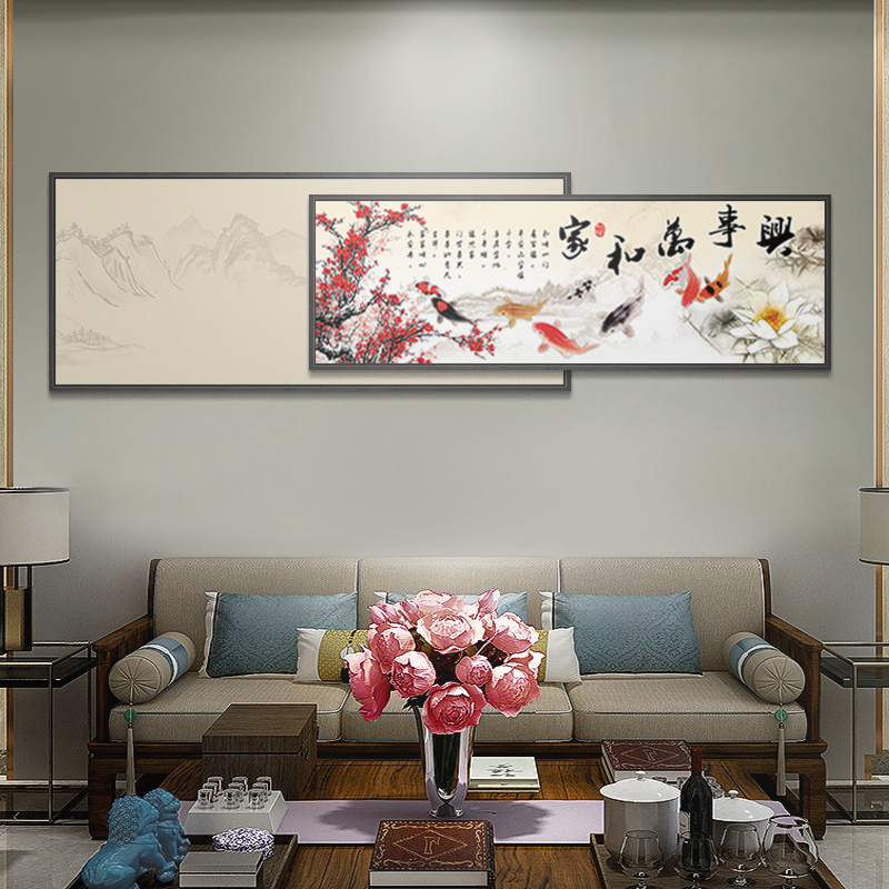 新中式客厅装饰画沙发背景墙中国风沙发后面的挂画张大千叠加壁画
