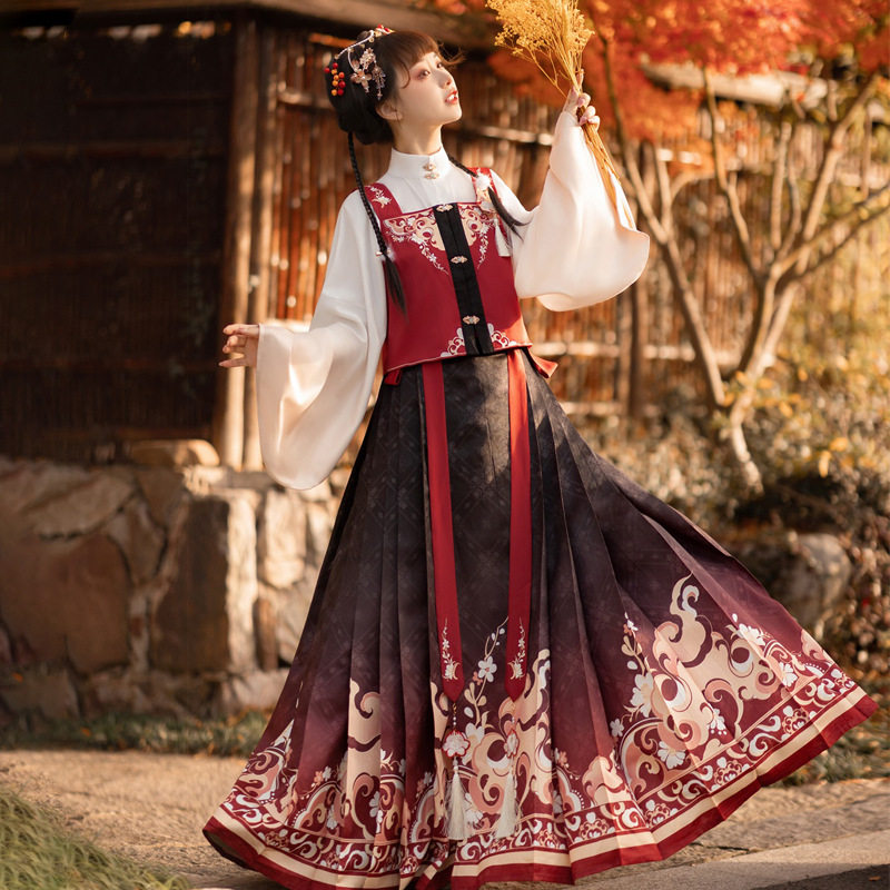 原创小福明制汉服立领短衫主腰马面裙印花混搭汉服
