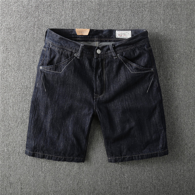 美式复古原色丹宁牛仔短裤男五分裤中裤蓝染脱浆修身直筒5分裤潮