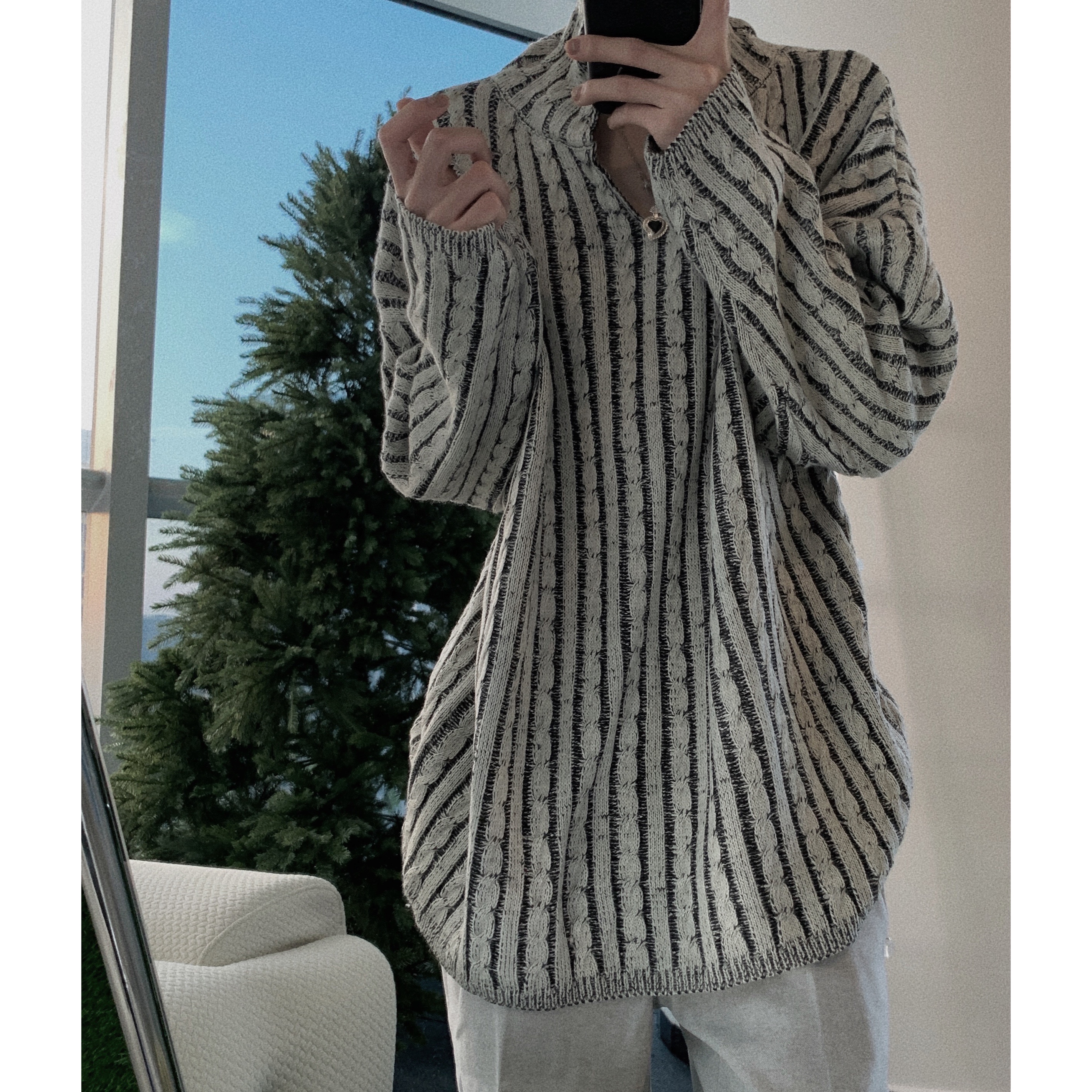 短句先生慵懒风麻花条纹毛衣男秋冬潮流宽松高级设计感复古针织衫