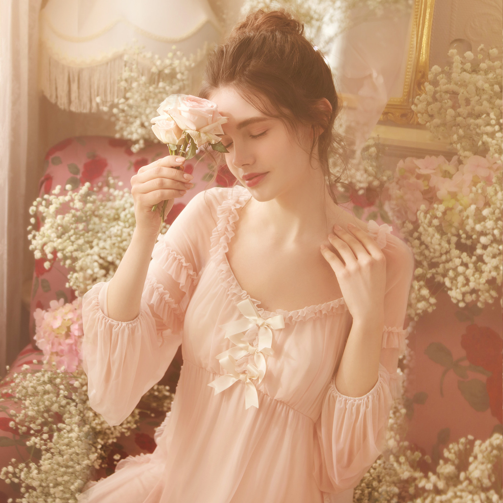 rosetree仙女风睡裙女春秋季薄款长袖长款蕾丝性感甜美公主风睡衣