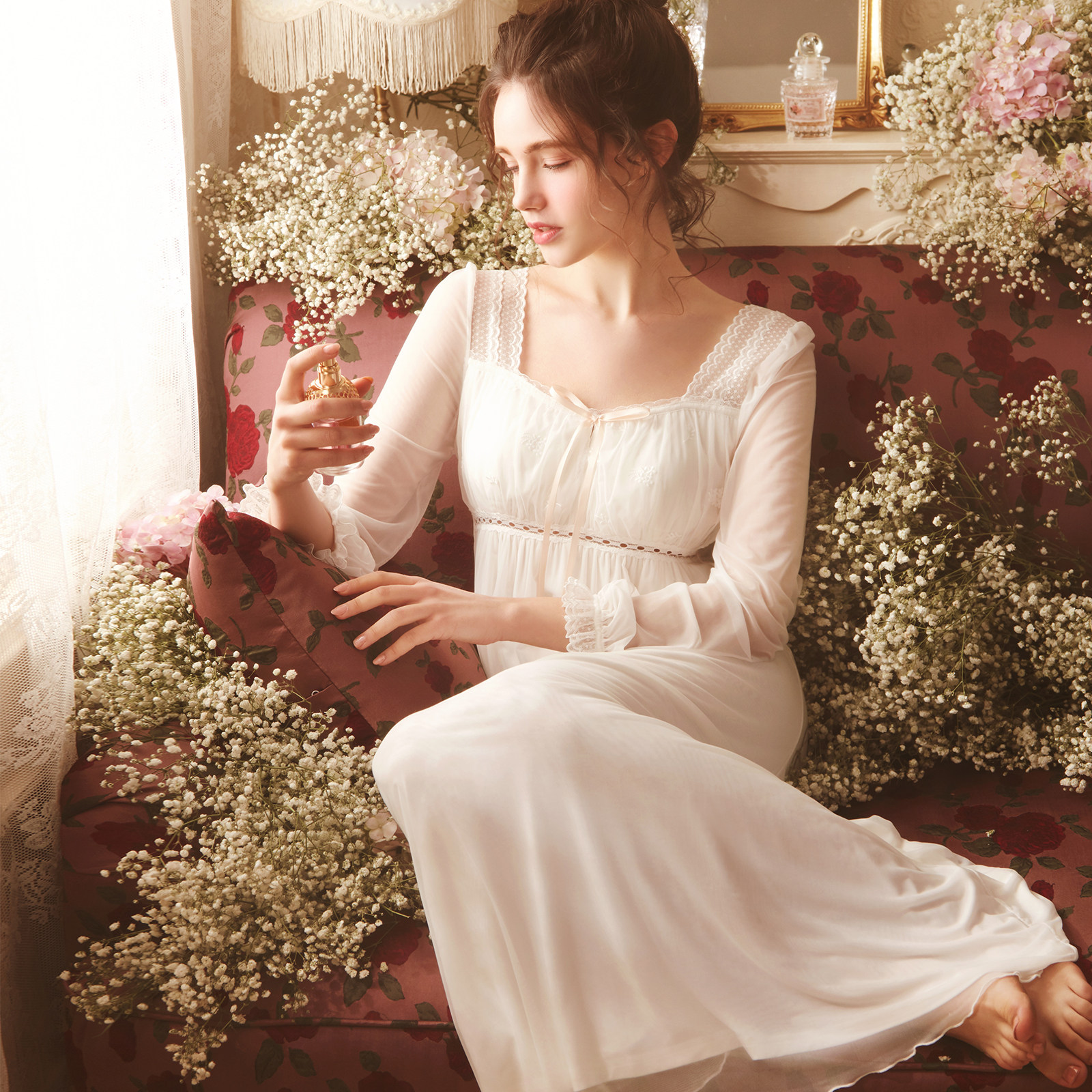 rosetree公主睡裙女春秋季薄款长袖蕾丝性感宫廷睡裙