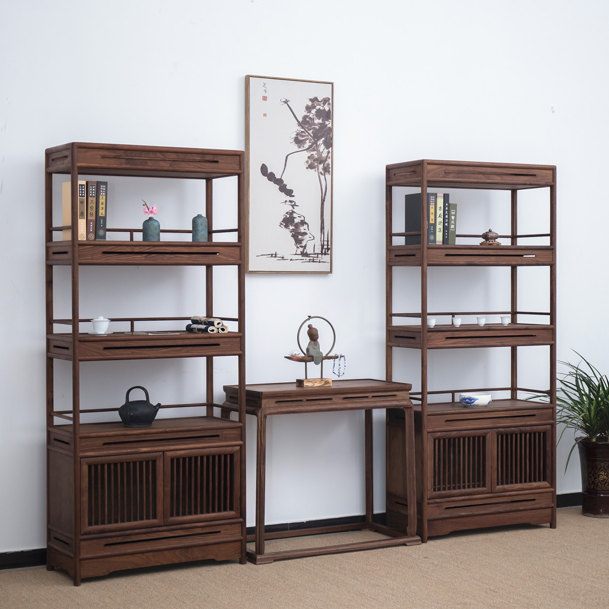 书架茶叶展示柜实木禅意胡桃书柜现代简约榆木中式组合书柜