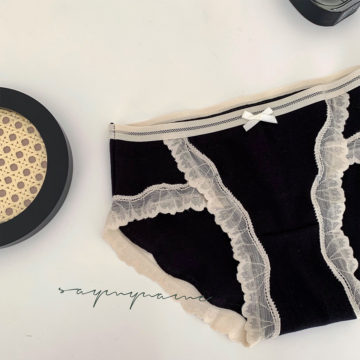 saymyname韩版ins法式性感蕾丝蕾丝花花边纯棉弹力平角裤