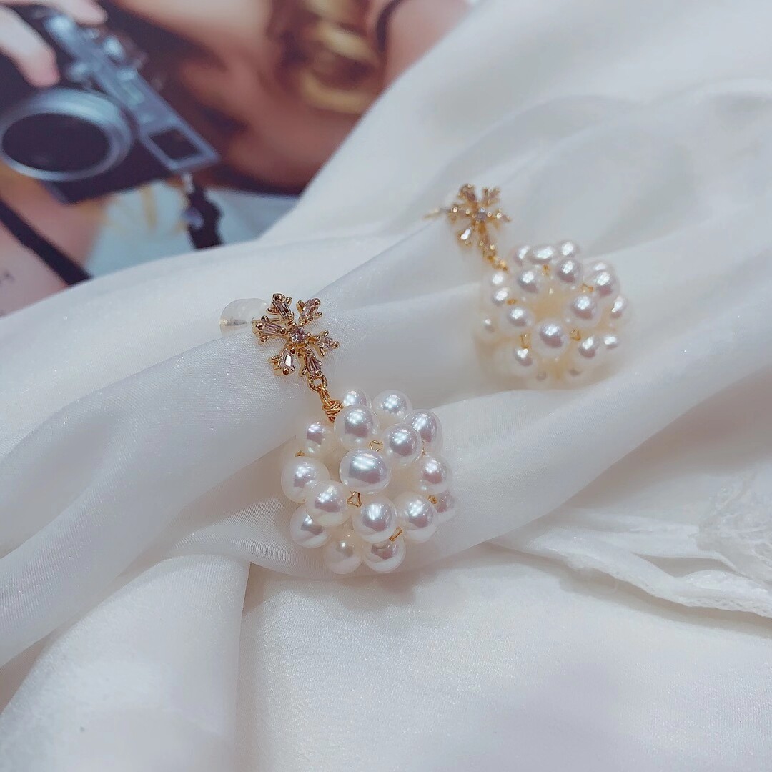珍珠天然手工编制小珍珠球爆耳环雪花耳钉耳饰耳饰