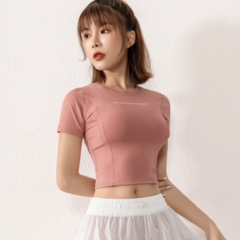 运动字母短袖短款露脐性感紧身瑜伽上衣跑步运动t恤