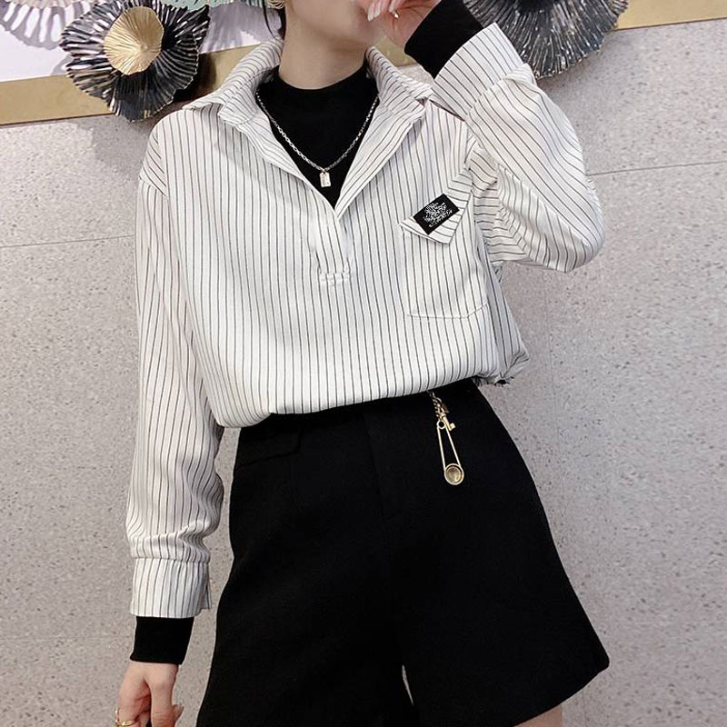 正品哥弟新款女装2022秋装韩版宽松条纹拼接上衣假两件长袖衬衫女